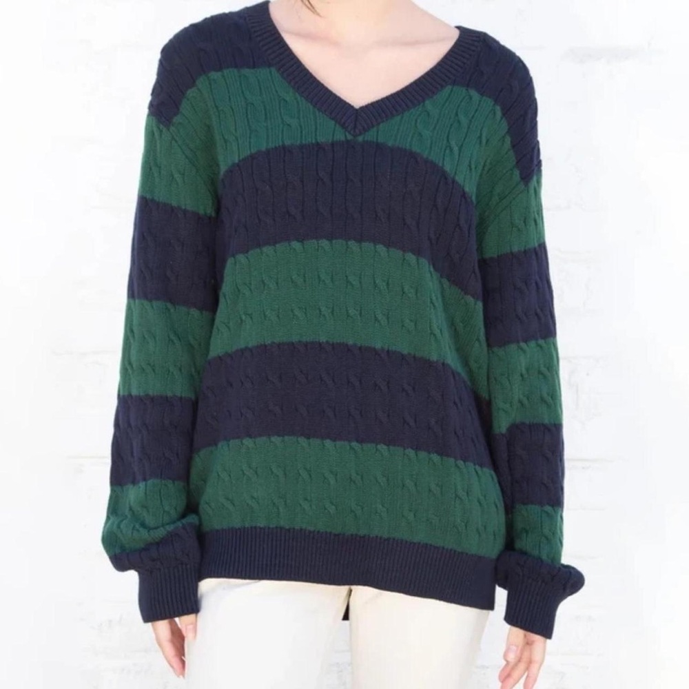 Brandy Melville Green and Navy V-Neck Cable Knit Sweater | Stripes | One size